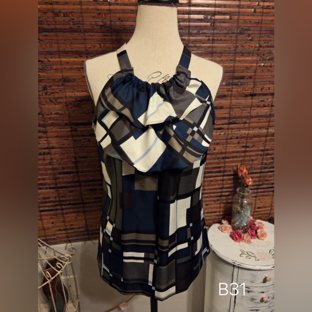 Banana Republic Black and Cream Plaid Halter Top